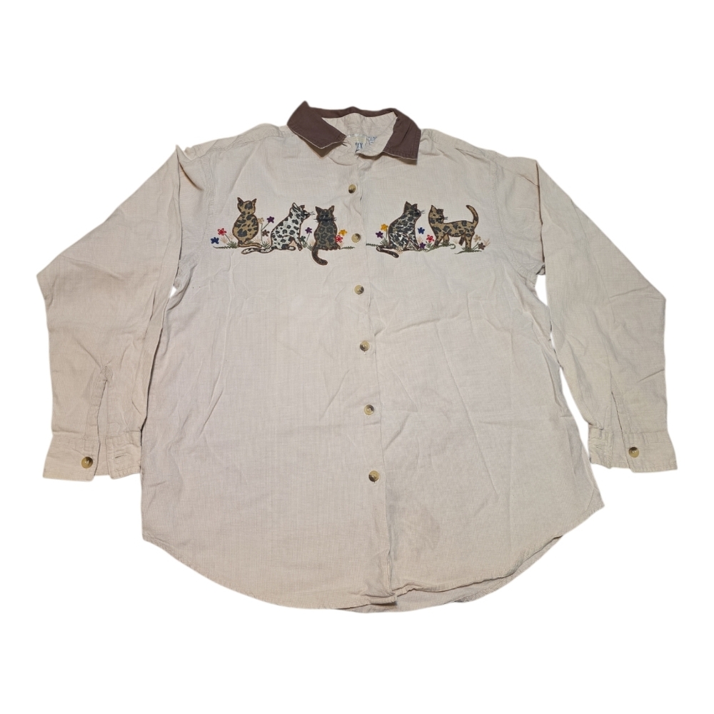 Retro Embroidered Kitten Cats Button Down Long Sleeve Shirt Cat Lady Casey & Max